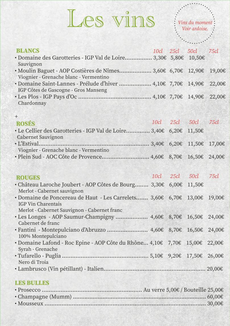 Menu de L'Excelsior Original Fouras
