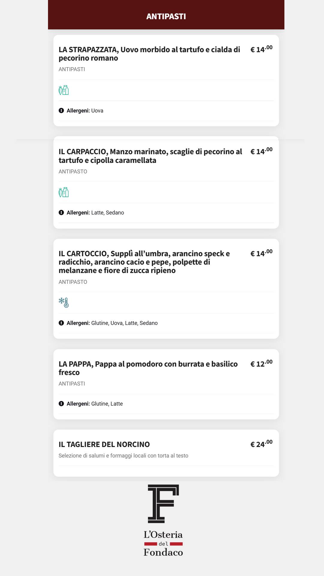 Menu di L'osteria Del Fondaco 