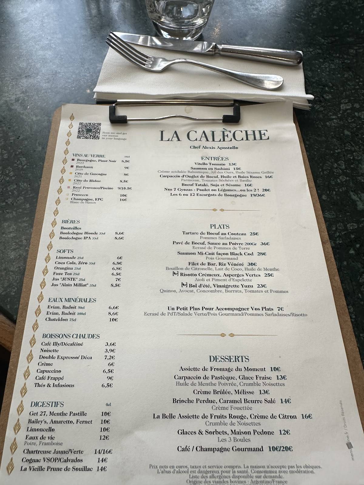 Menu de La Calèche