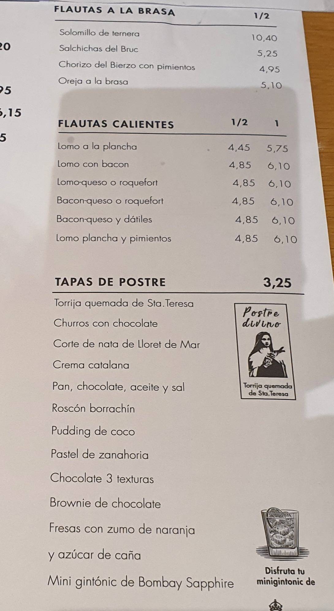 Menu at La Flauta Aribau restaurant, Barcelona, Carrer d'Aribau
