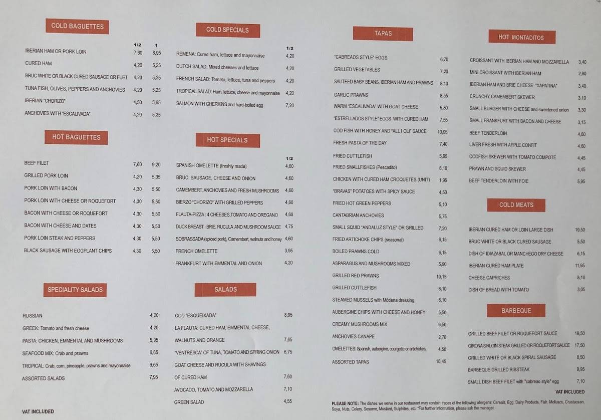 Menu at La Flauta Aribau restaurant, Barcelona, Carrer d'Aribau
