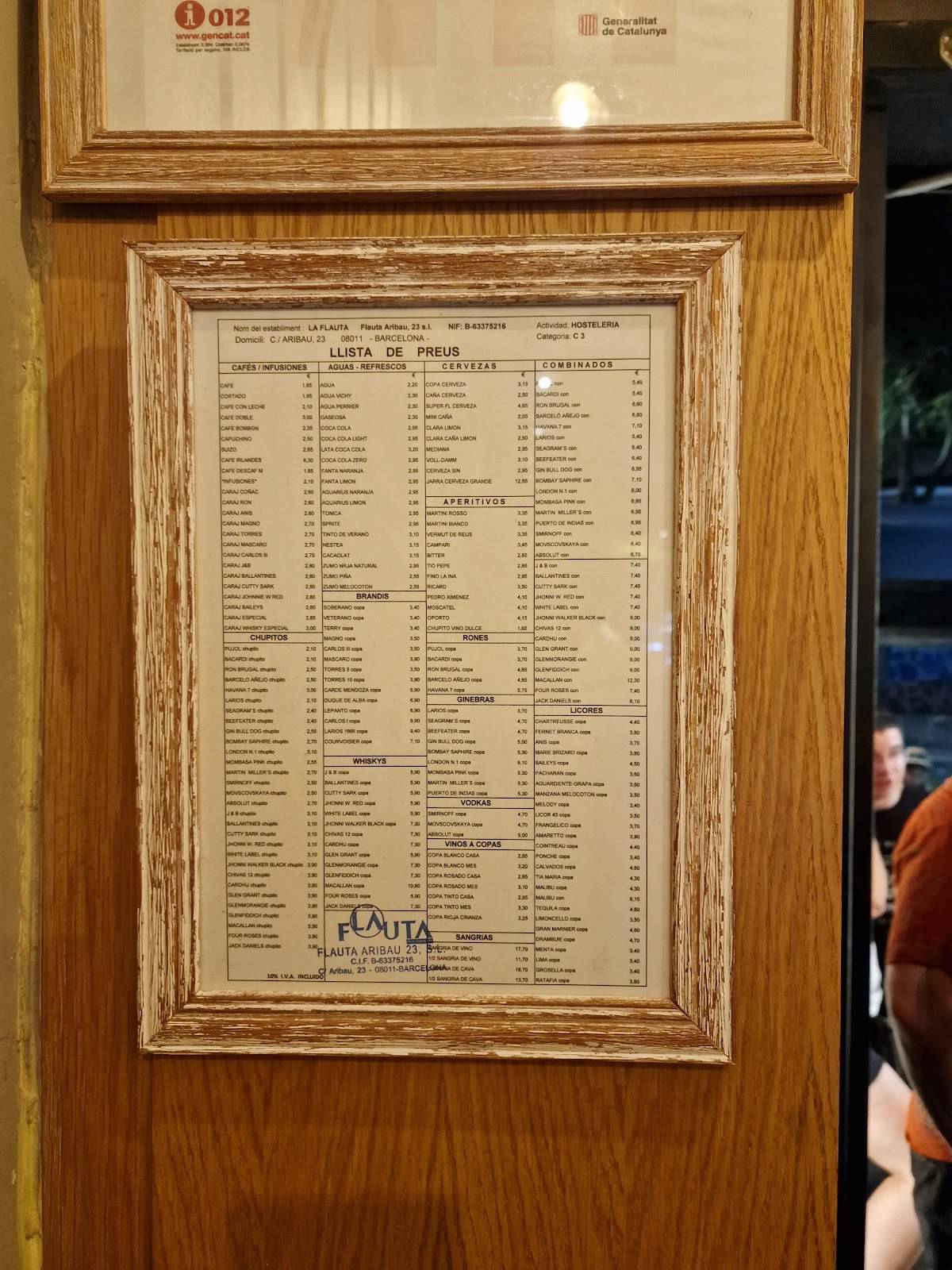 Menu at La Flauta Aribau restaurant, Barcelona, Carrer d'Aribau