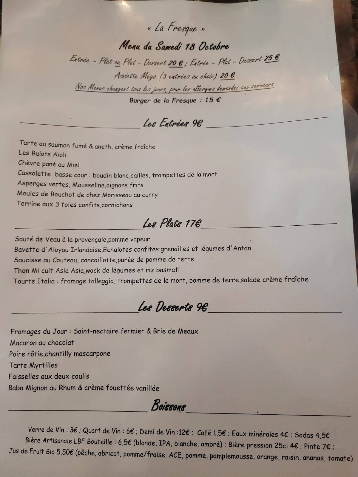 Menu de La Fresque