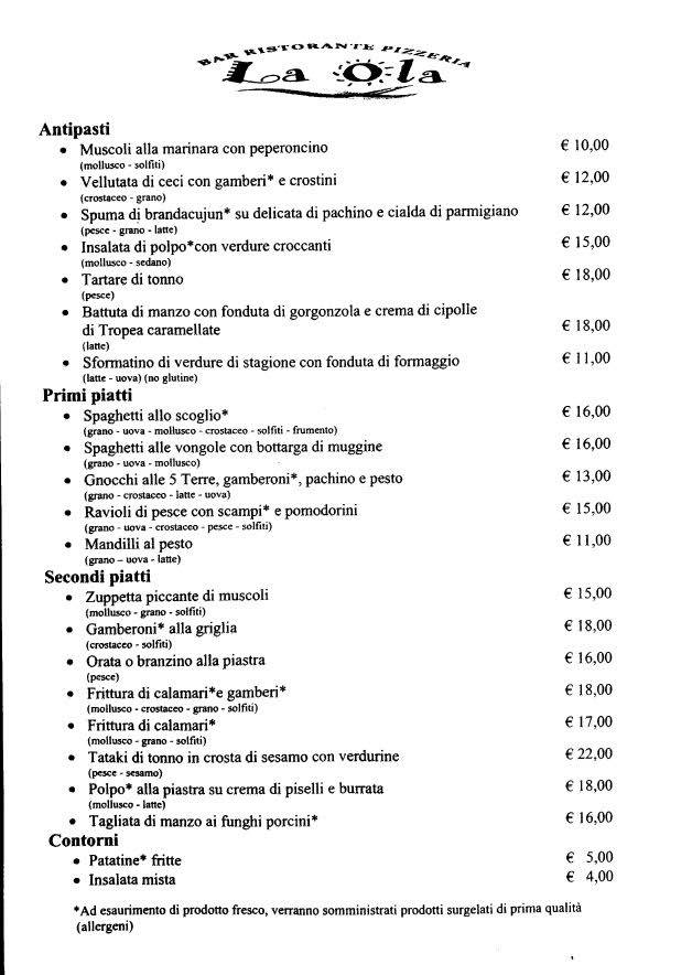 Menu di "La Ola" Ristorante Pizzeria Bar 