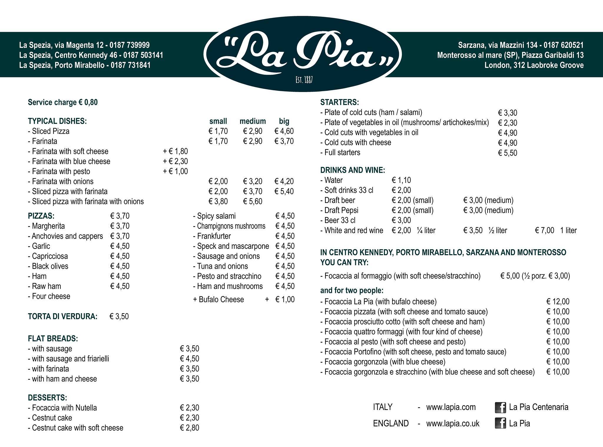 Menu di La Pia Centenaria 