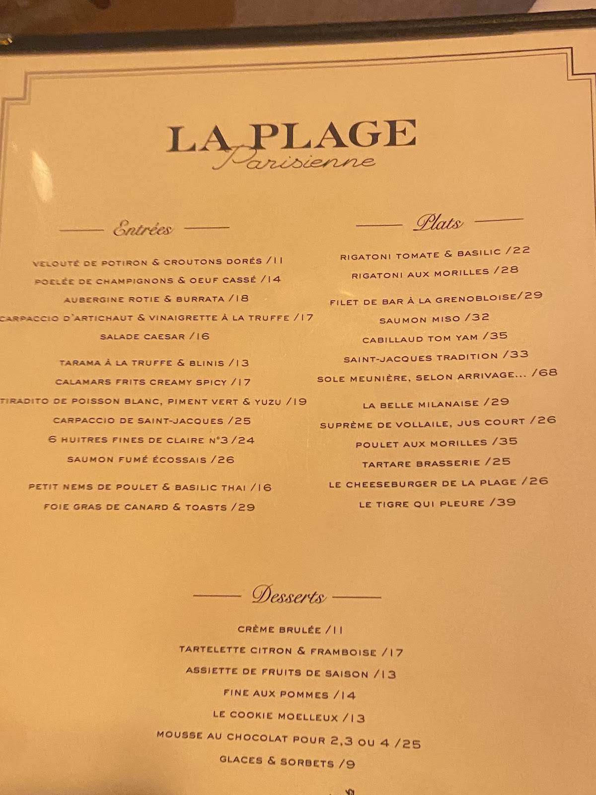Menu de La Plage Parisienne