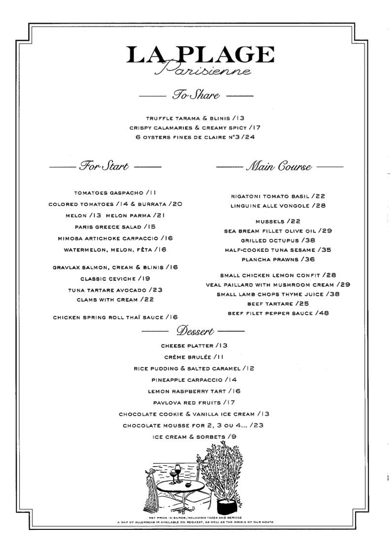 Menu de La Plage Parisienne