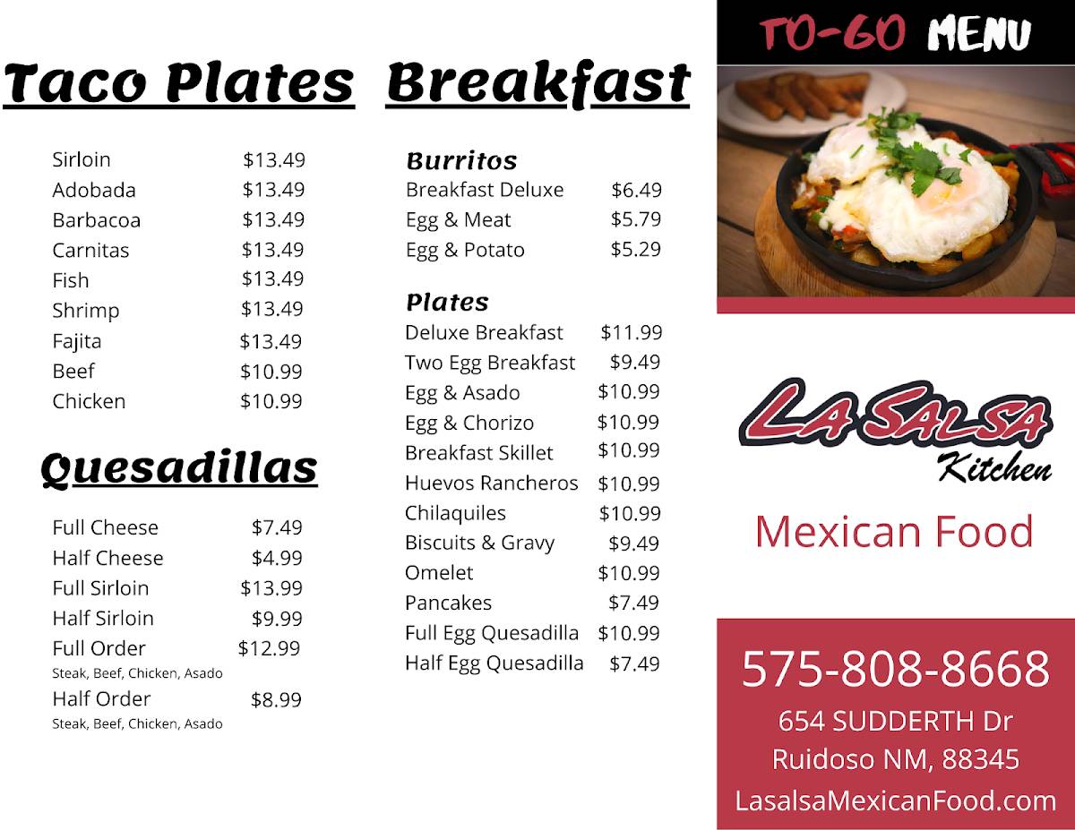 Menu at La Salsa Kitchen restaurant, Ruidoso
