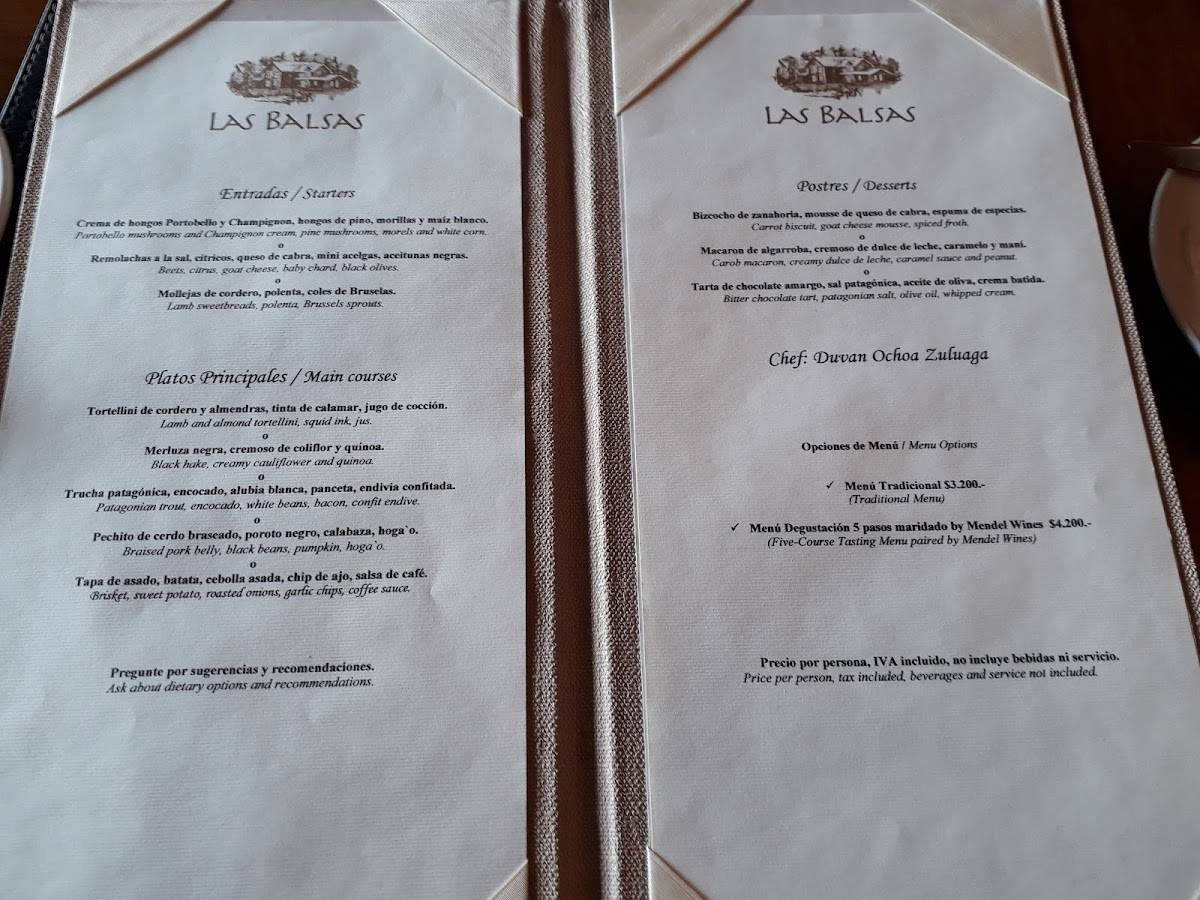 Carta de Las Balsas Restaurant, Villa La Angostura
