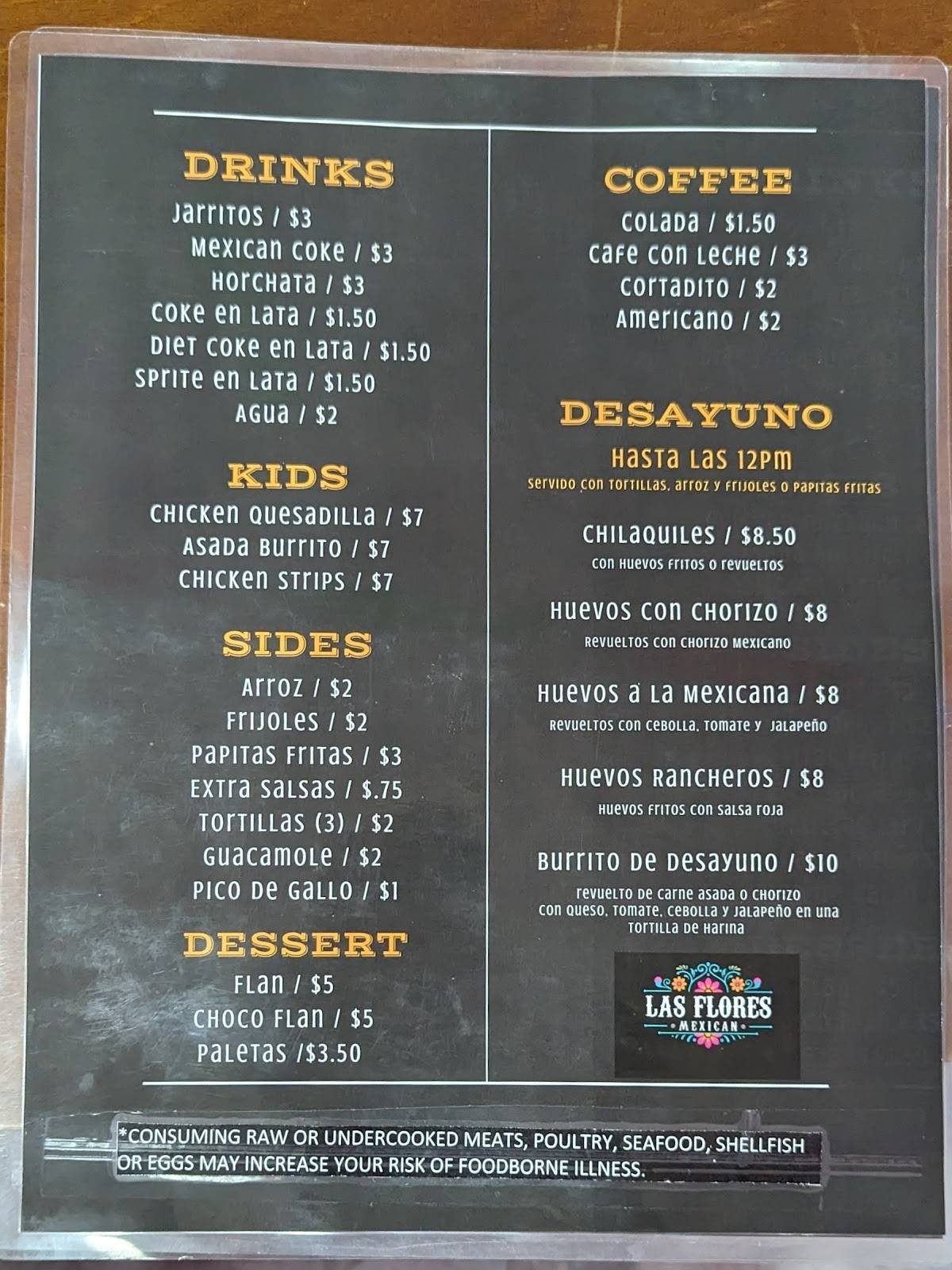 Menu at Las Flores Mexican restaurant, South Miami Heights
