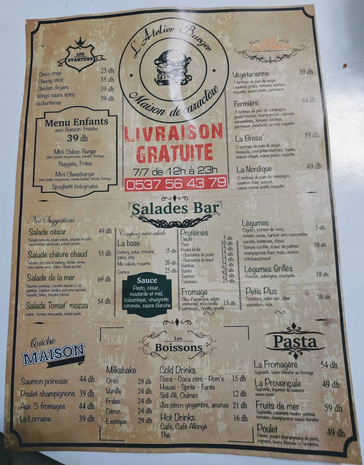 Menu de L'atelier burger