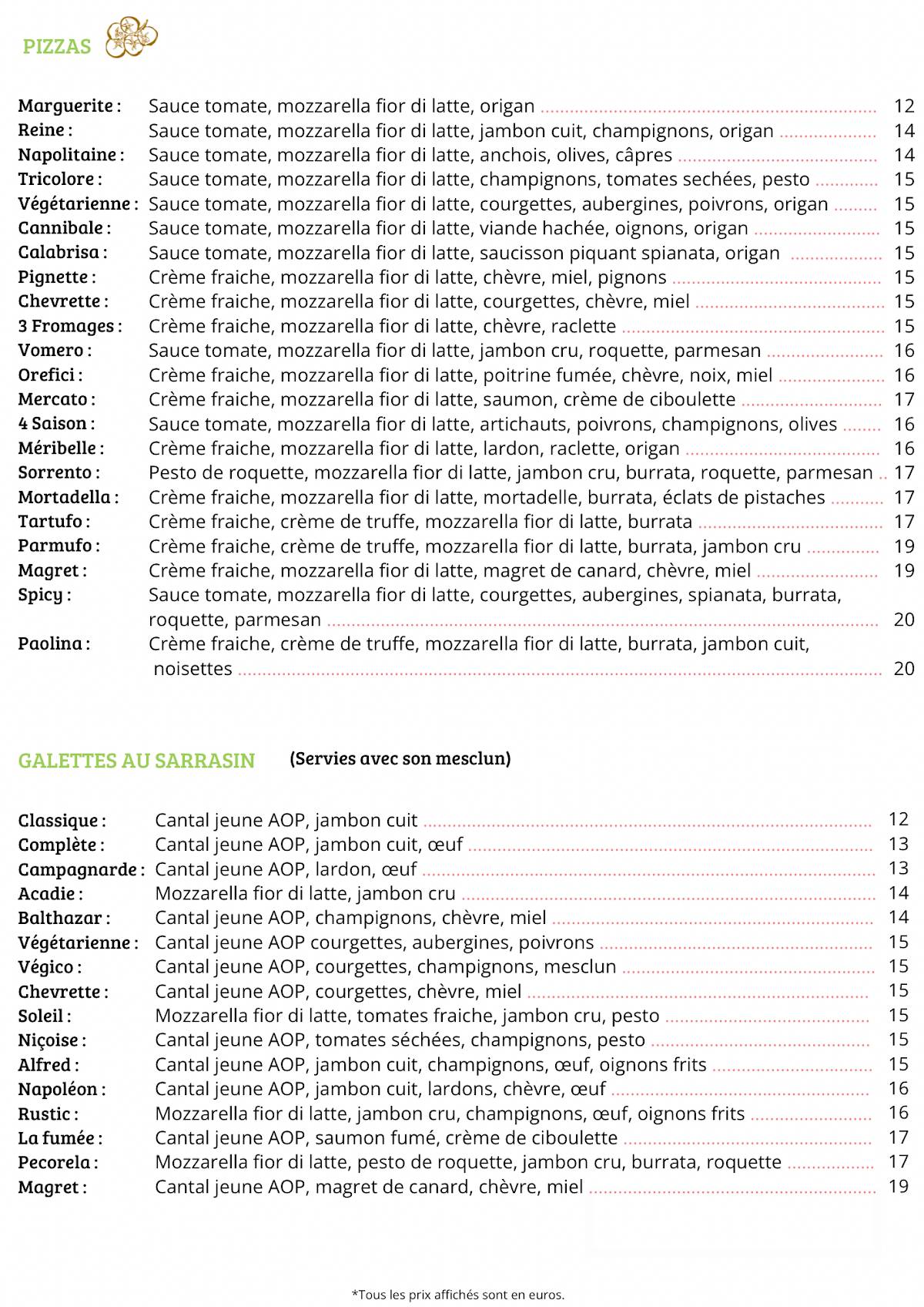 Menu de Crêperie du Vieux Village