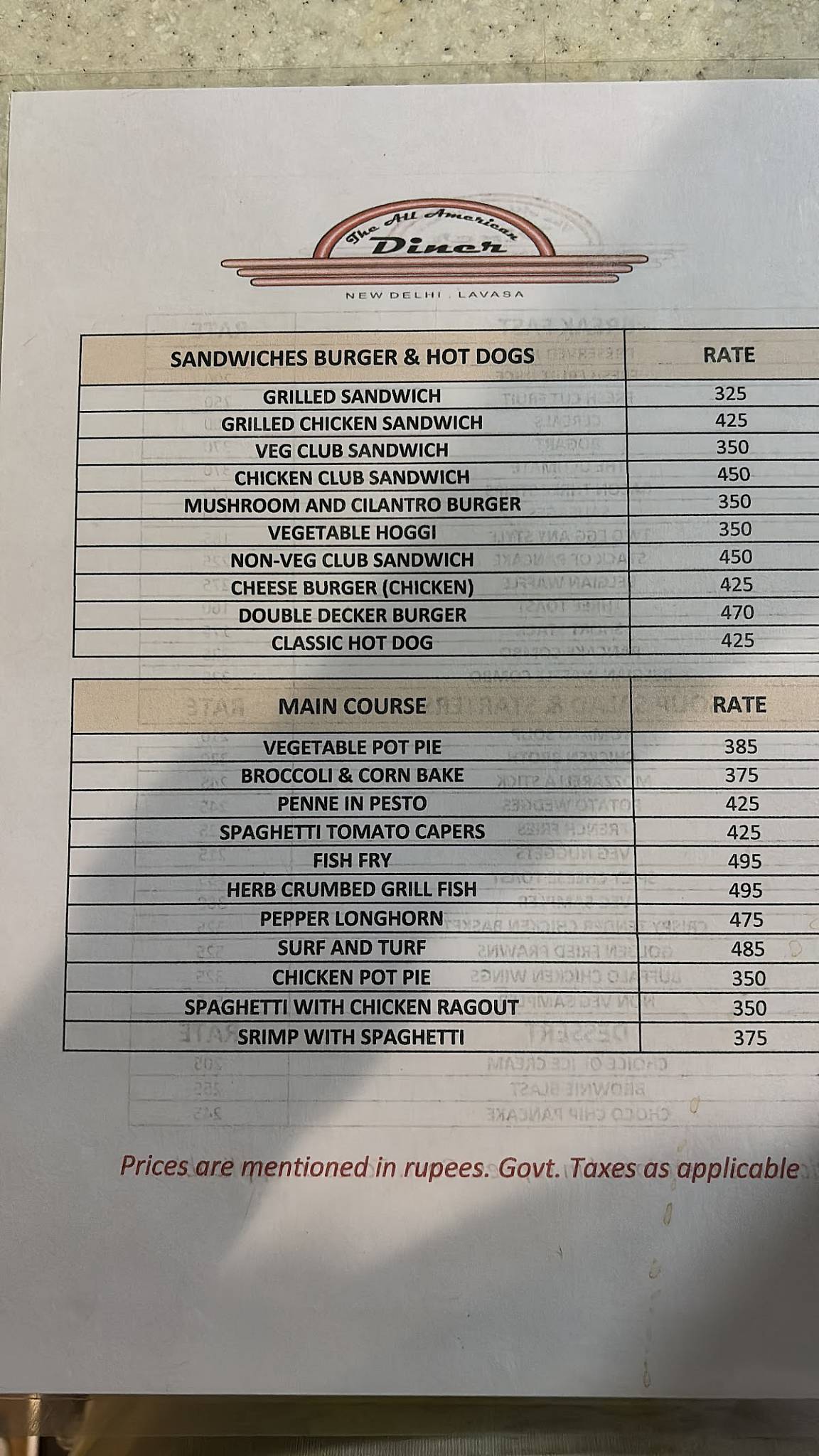 The All American Diner menu