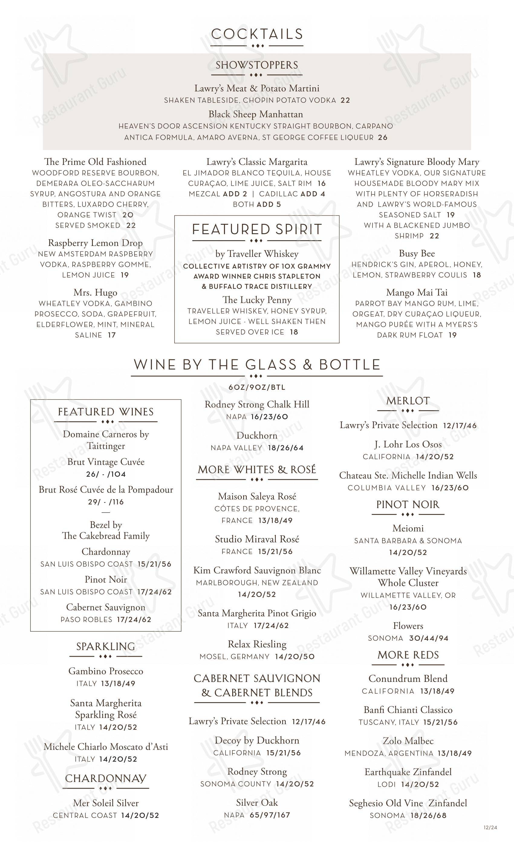 Menu at Lawry's The Prime Rib pub & bar, Beverly Hills