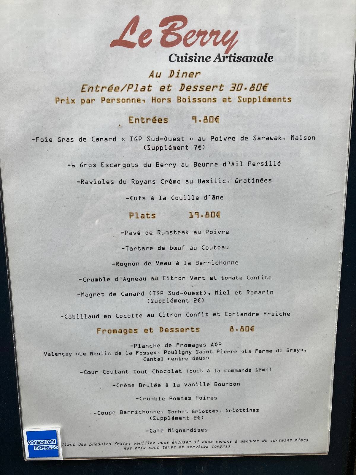 Menu de Le Berry