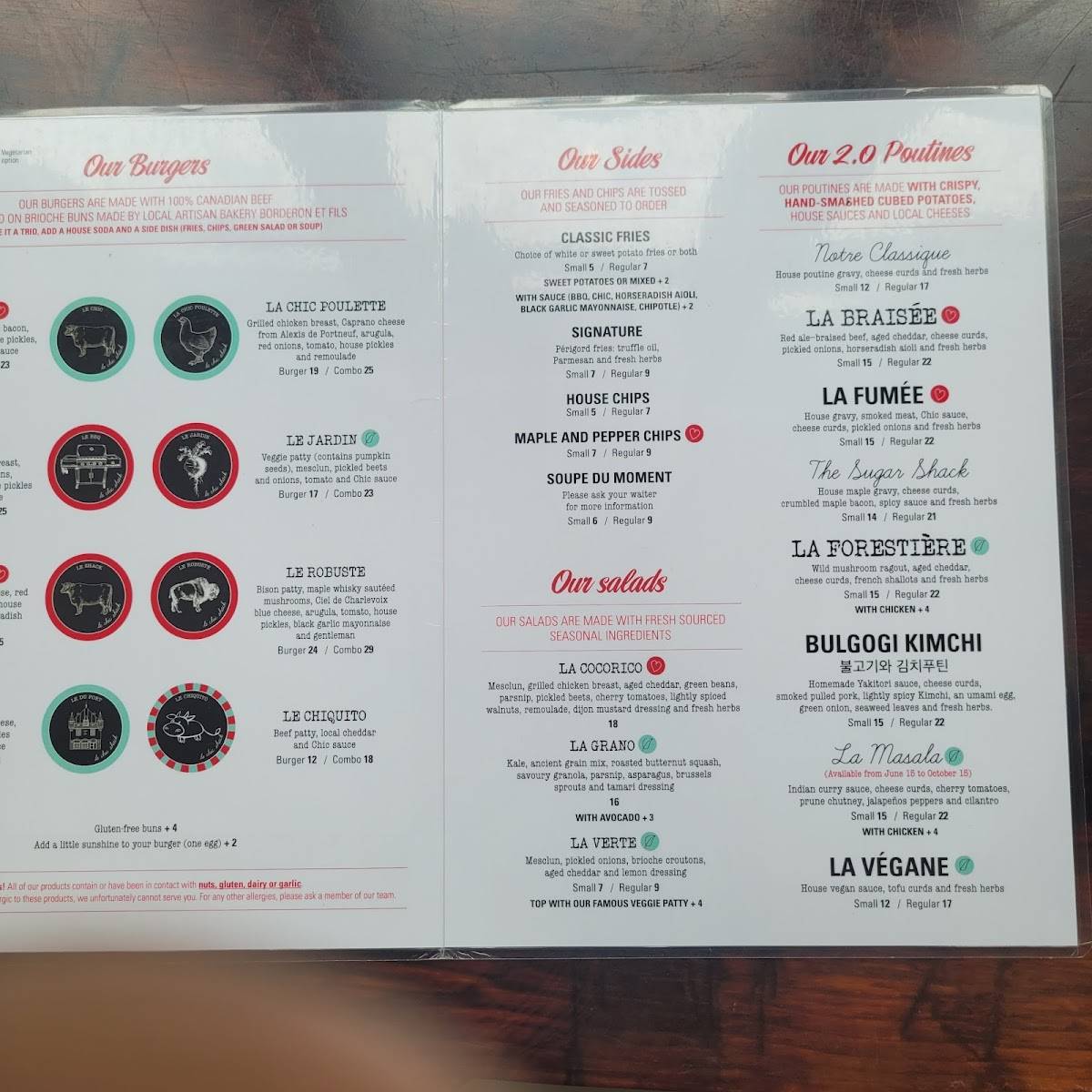 Menu de Le Chic Shack