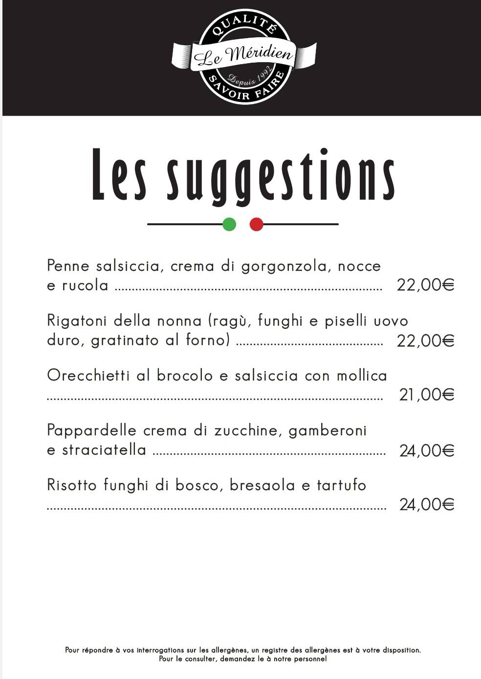 Menu de Le Méridien Le Roeulx