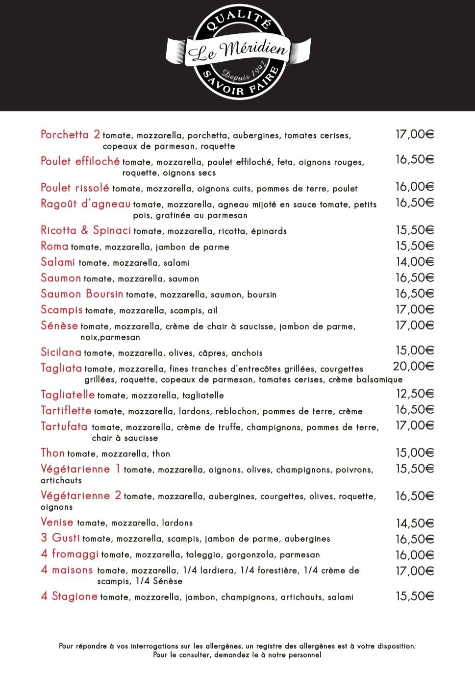 Menu de Le Méridien Le Roeulx
