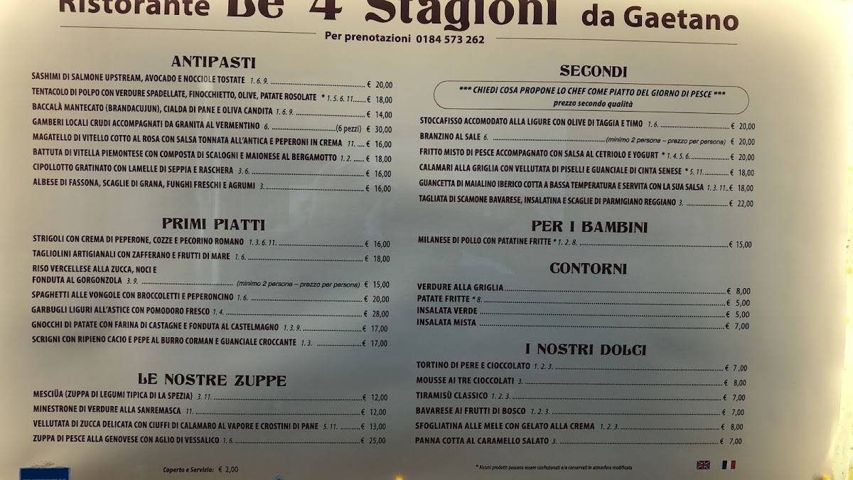 Menu di Le Quattro Stagioni "Gaetano" 