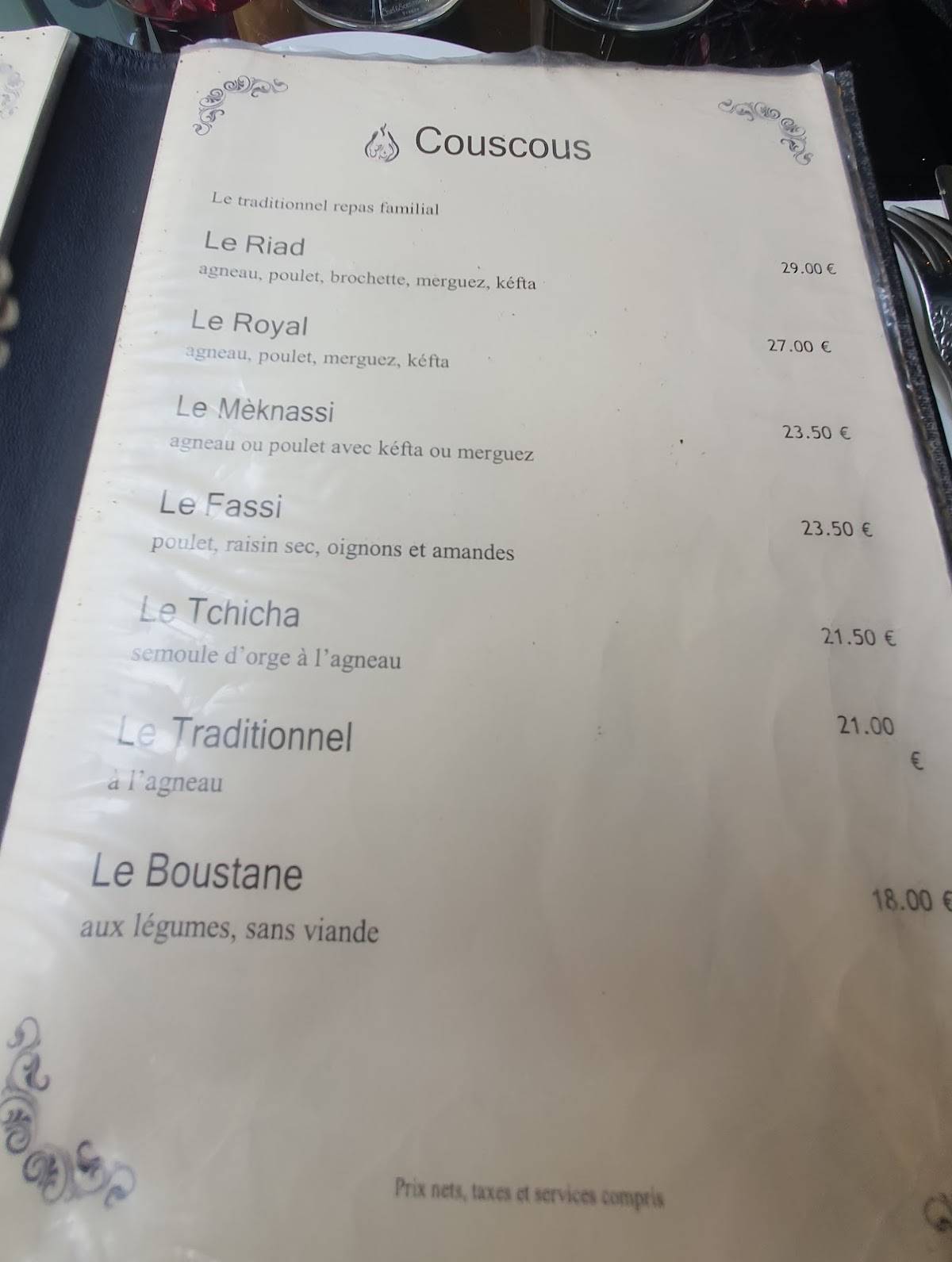 Menu de Le Riad