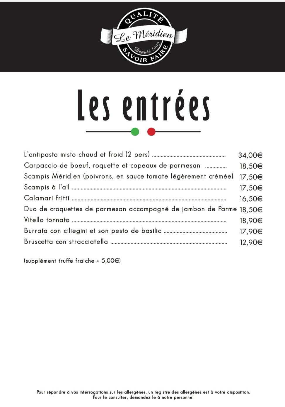 Menu de Le Méridien Le Roeulx