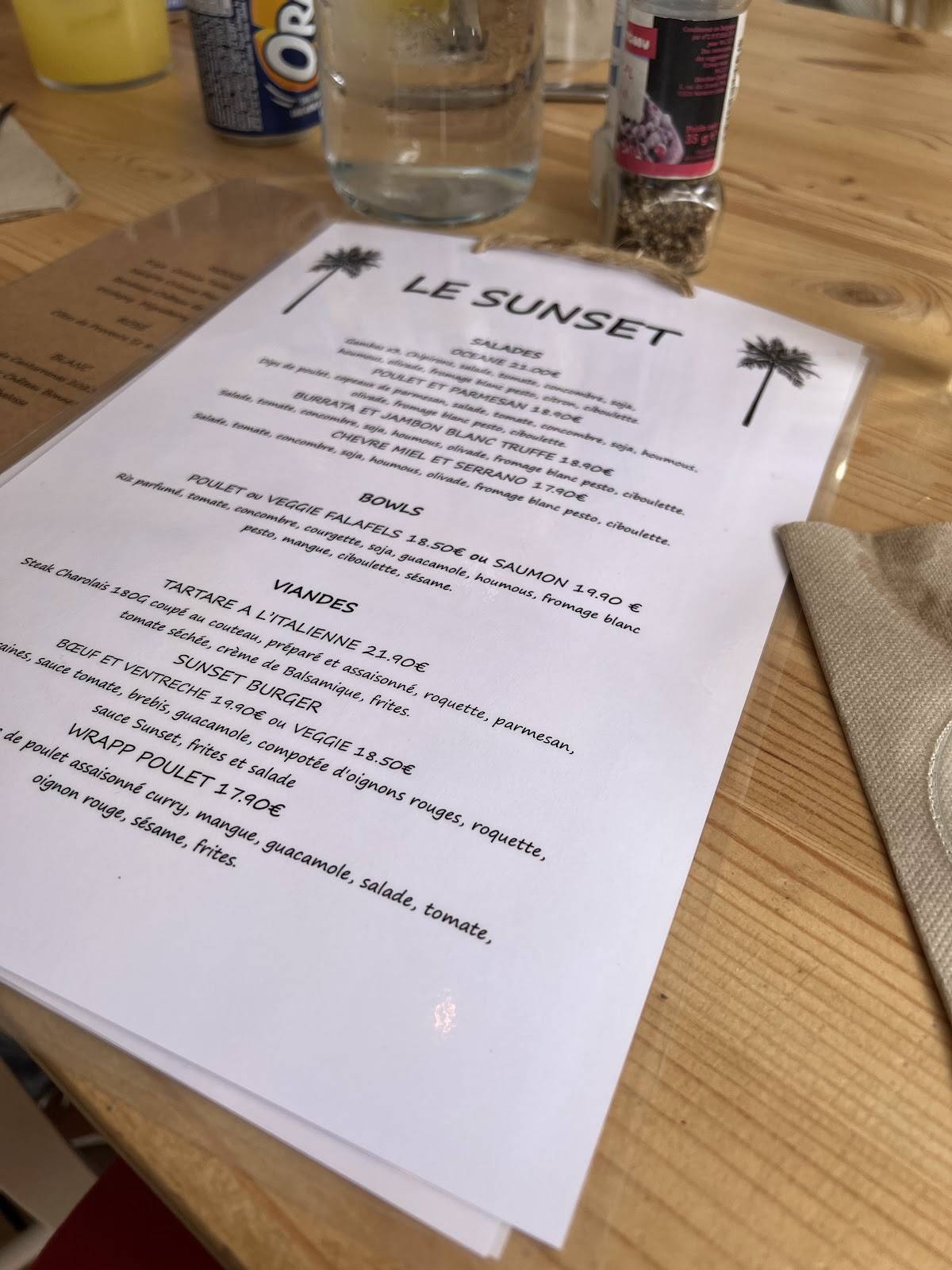 Menu de Le Sunset