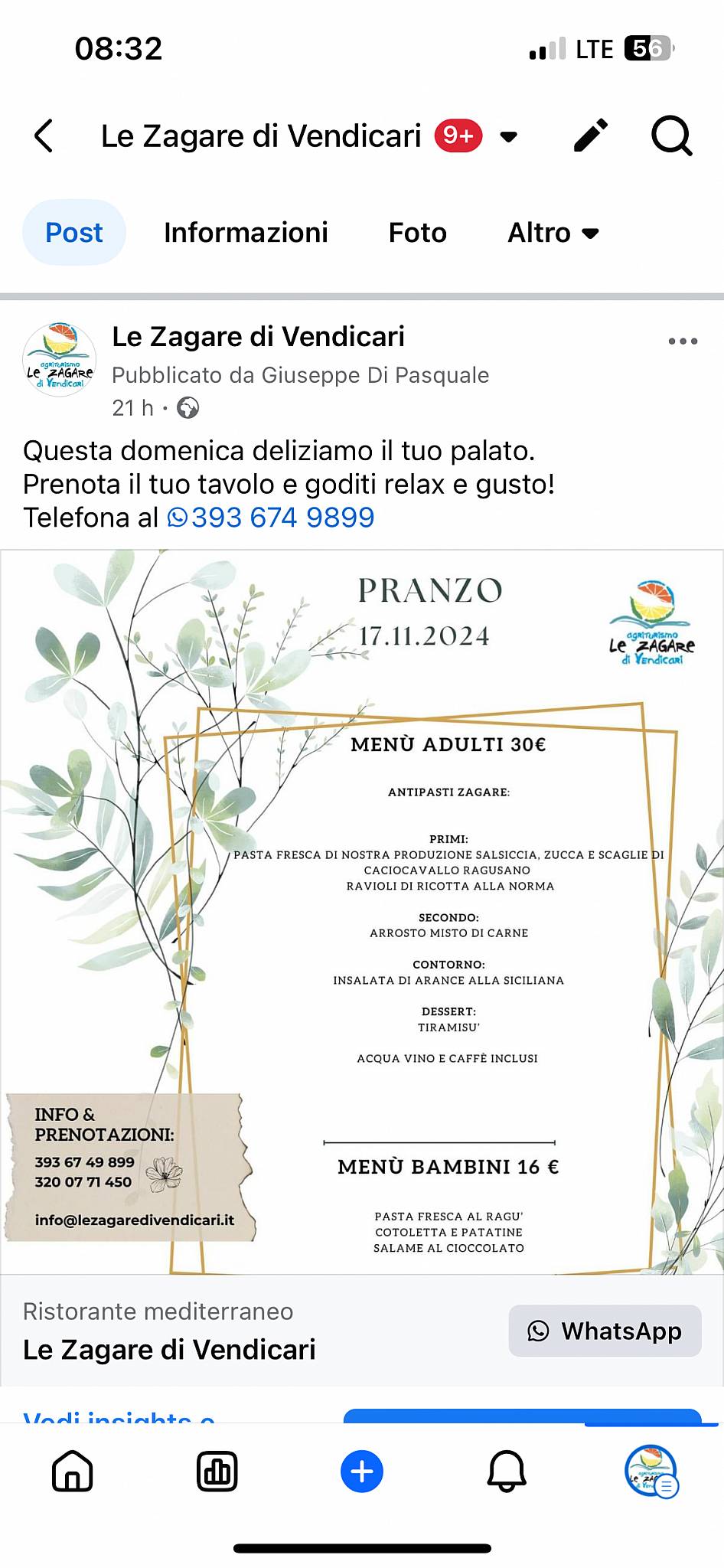 Menu di Le Zagare di Vendicari 