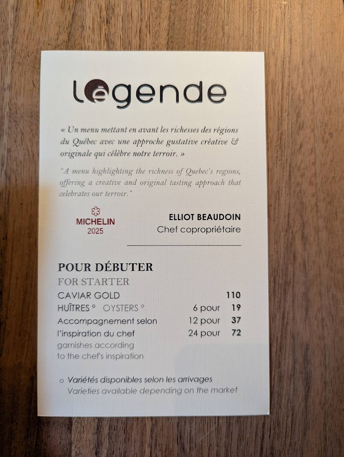 Menu de Restaurant Légende