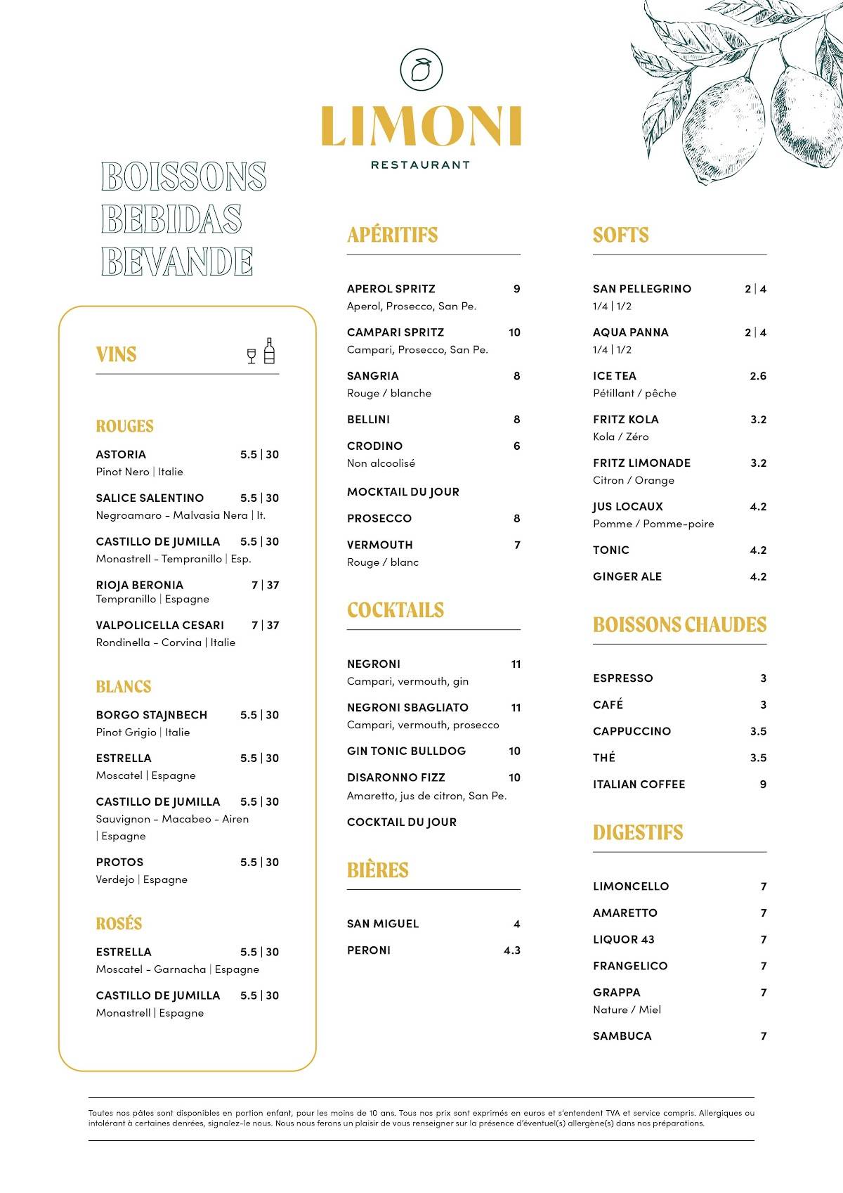 Menu de Limoni - Restaurant