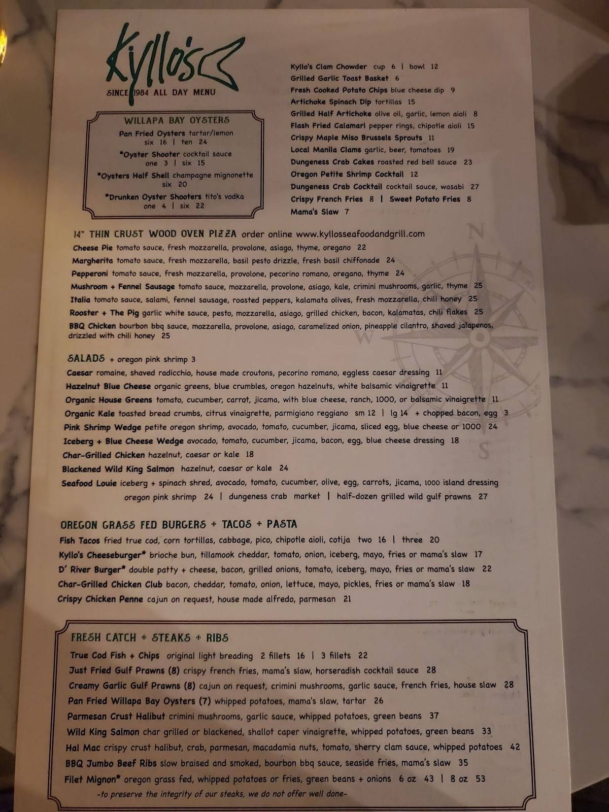 Menu at Kyllo’s Seafood & Grill restaurant, Lincoln City
