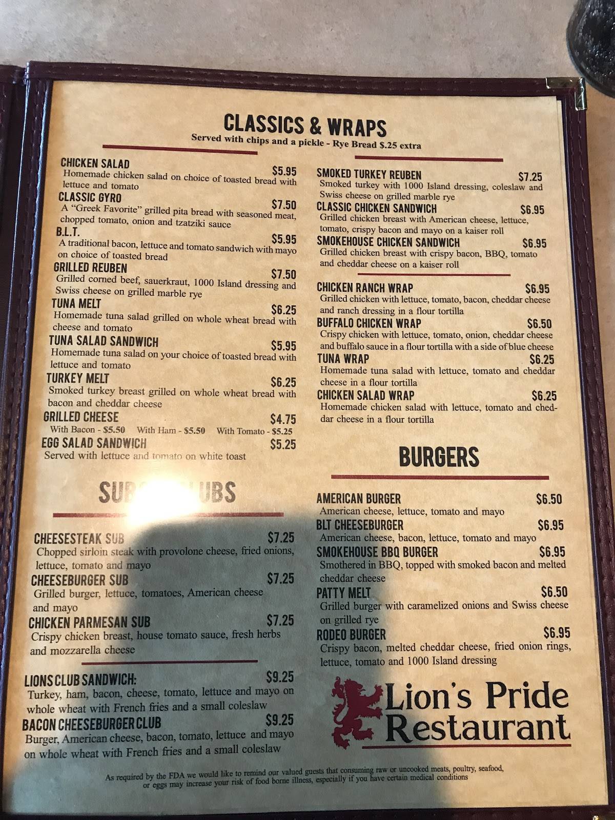 Menu at Lion's Pride Restaurant, Red Lion