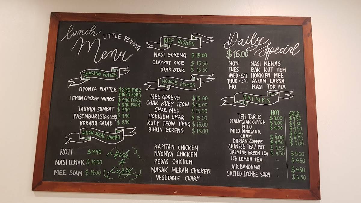Menu at Little Penang restaurant, Wellington, 179 Victoria St
