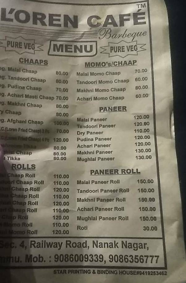 Loren Cafe menu
