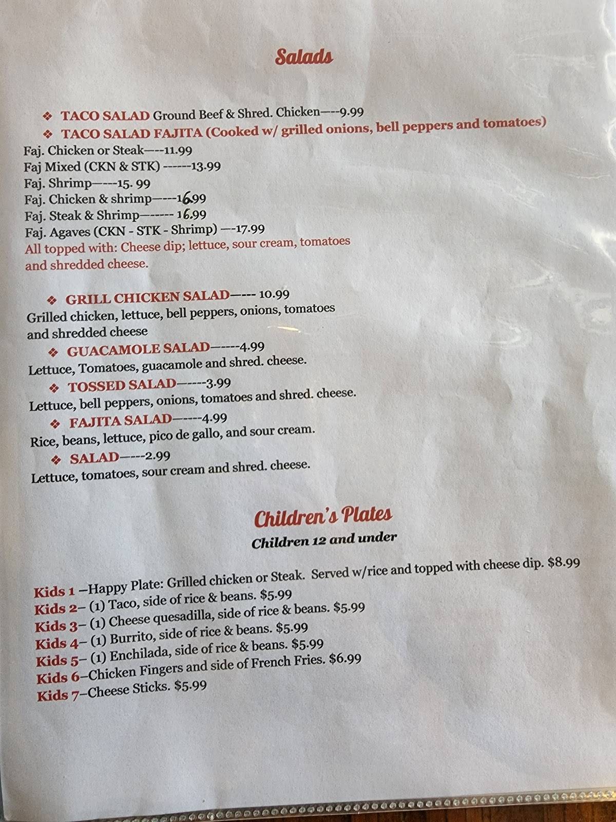Menu at Los Agaves Mexican Restaurant, Yazoo City