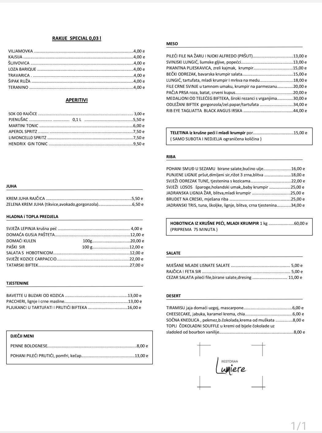 Menu di Lumiere bistro / cafe bar 
