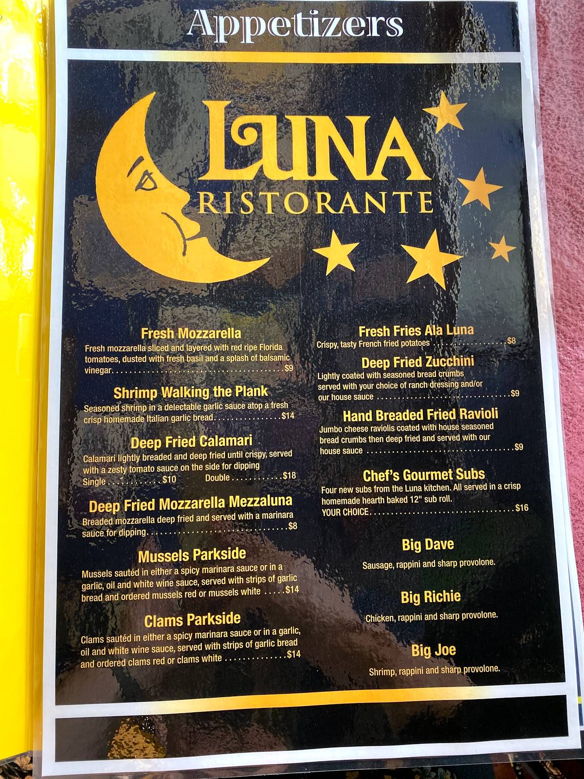Menu at Luna Restaurant, Venice
