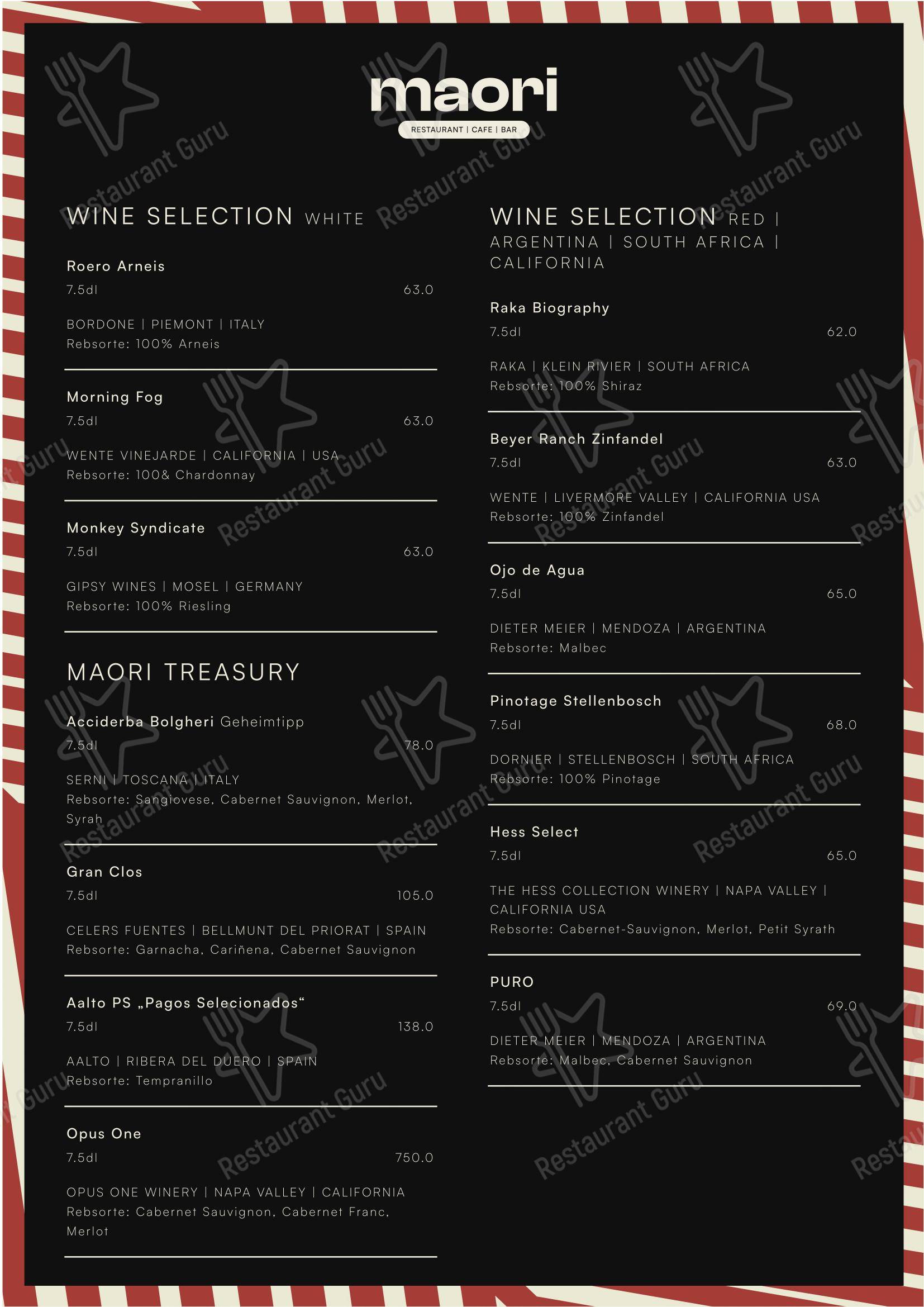 Menu per MAORI pub & bar