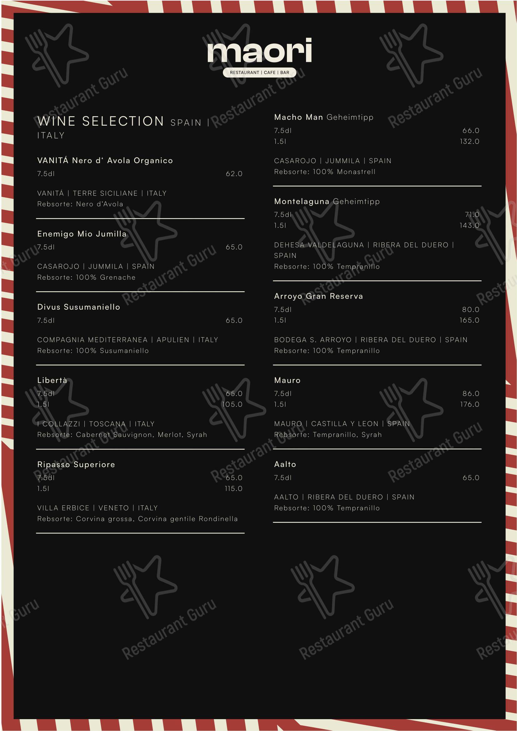 Menu per MAORI pub & bar