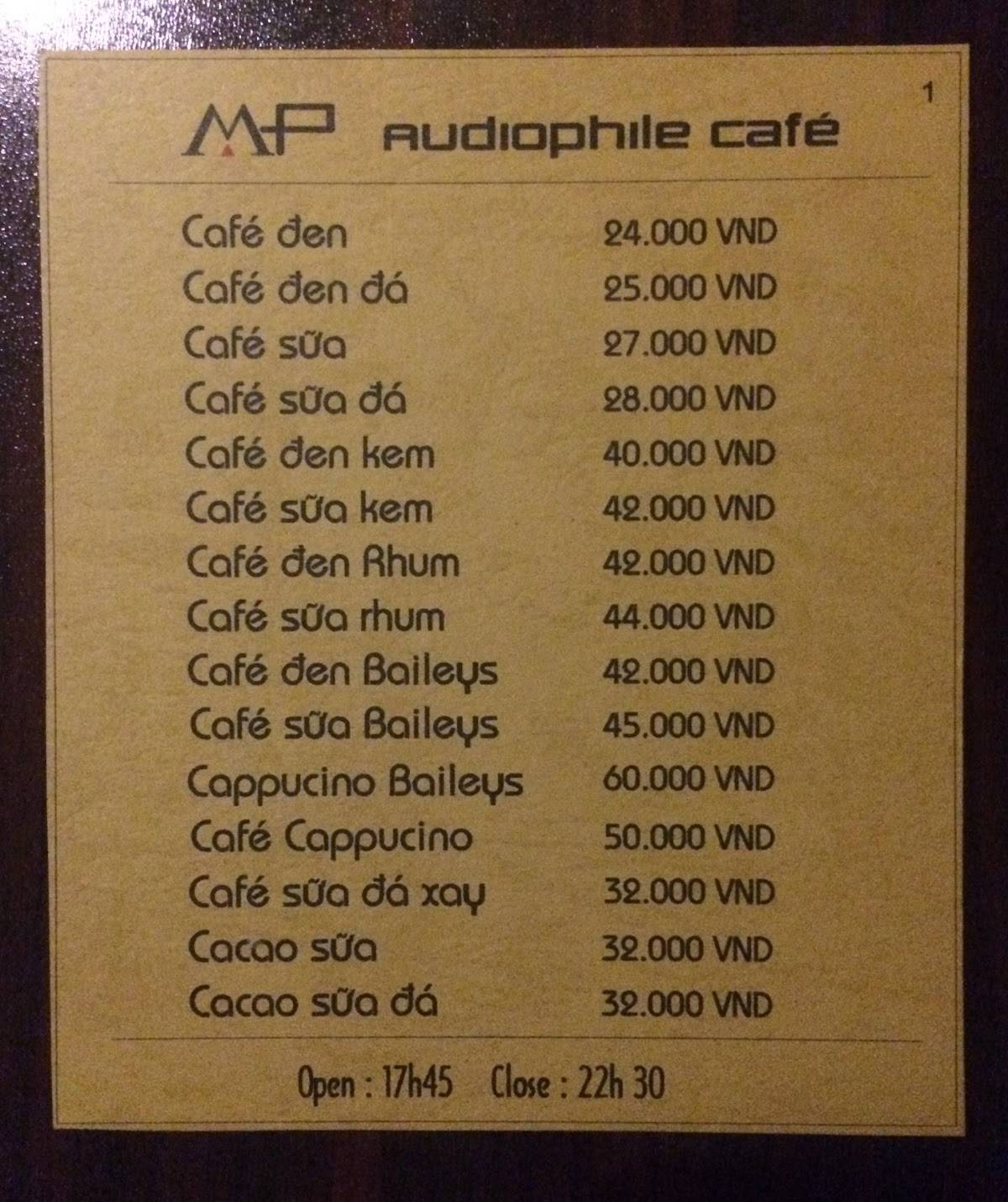 Menu at MP Audiophile Cafe, Dalat
