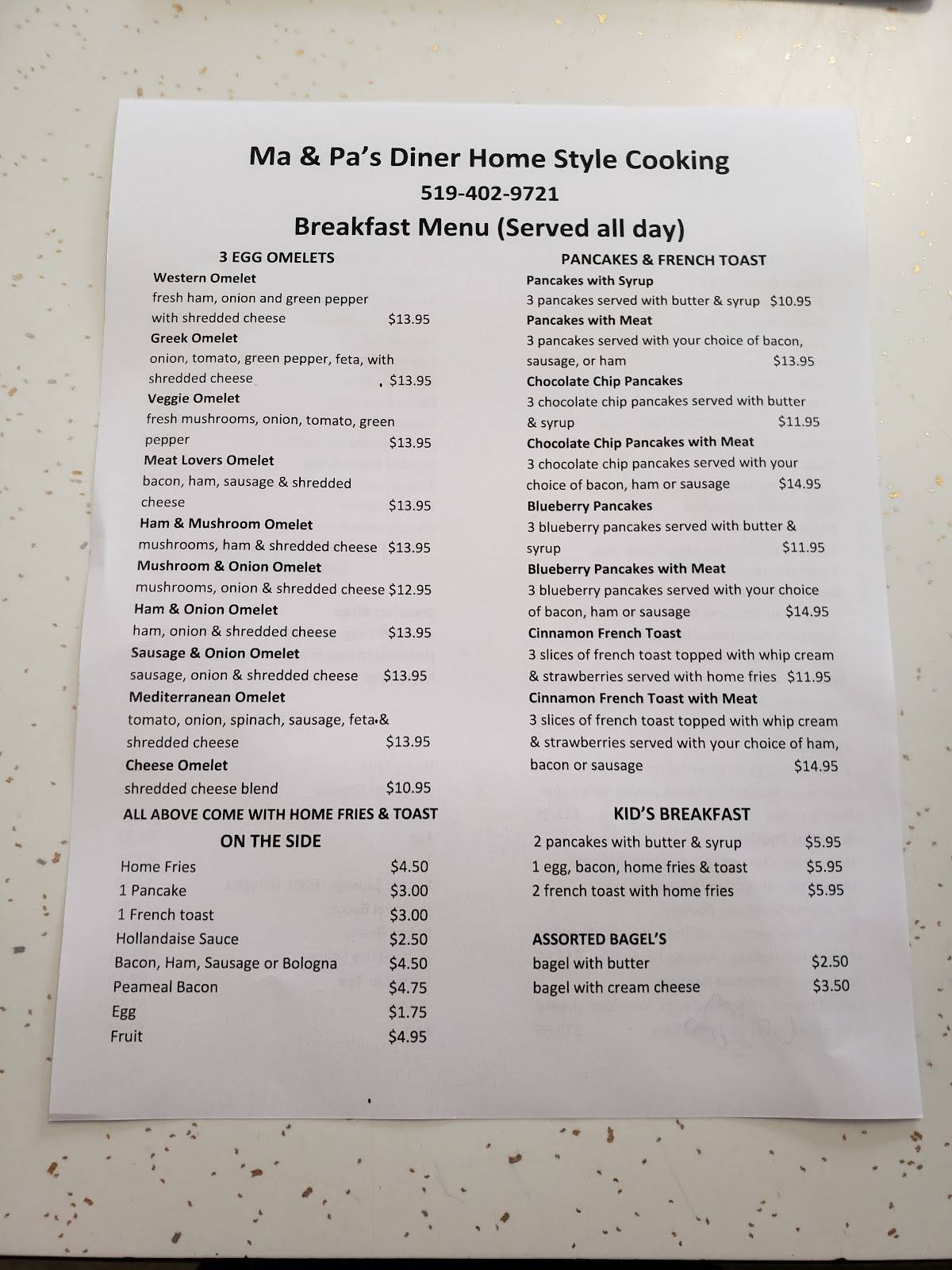 Menu at Ma & Pa's Diner restaurant, Sarnia