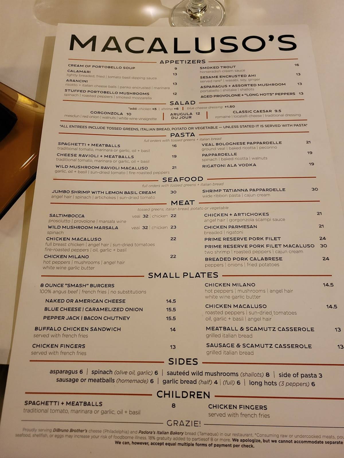 Menu at Macaluso's restaurant, Nesquehoning