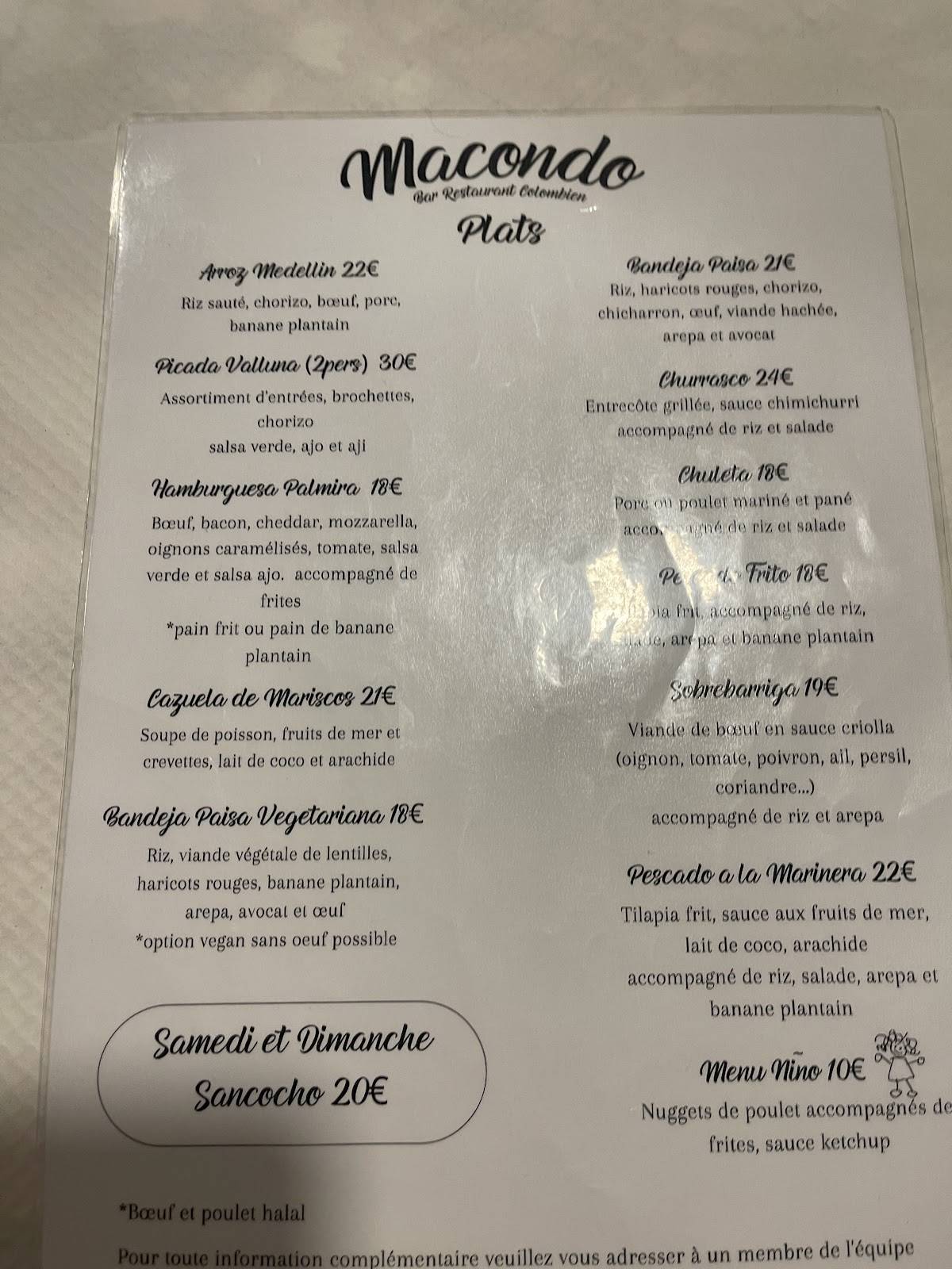 Menu de Macondo