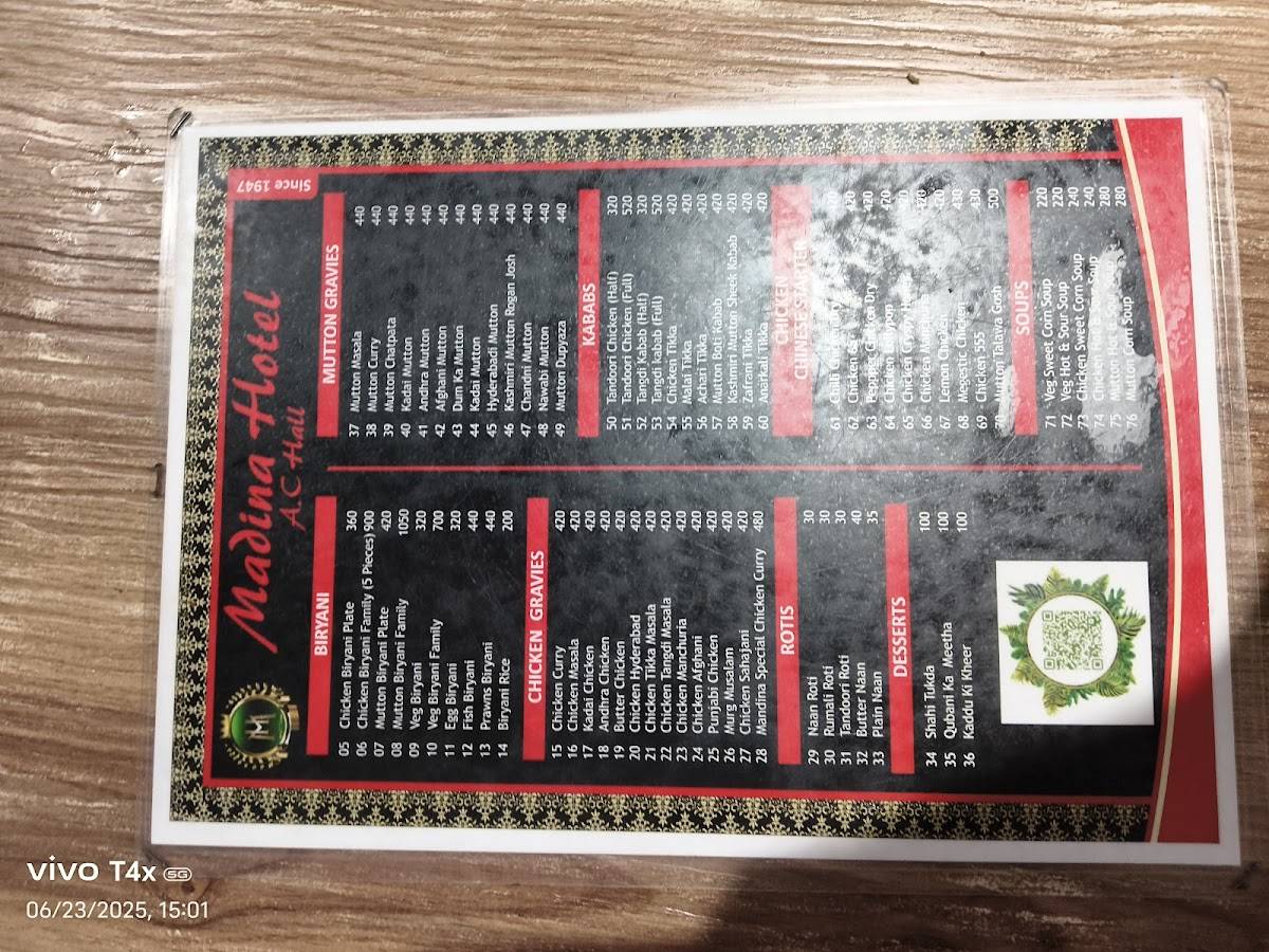 Madina hotel - Since 1947 menu