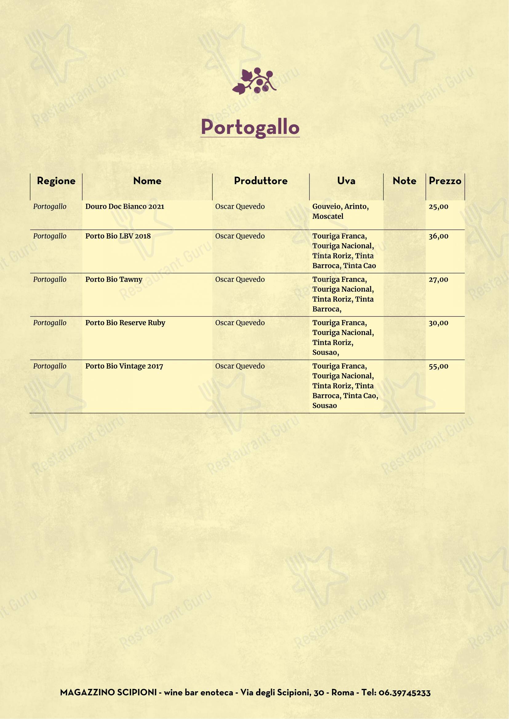 Menu di Magazzino Scipioni - Wine Menu