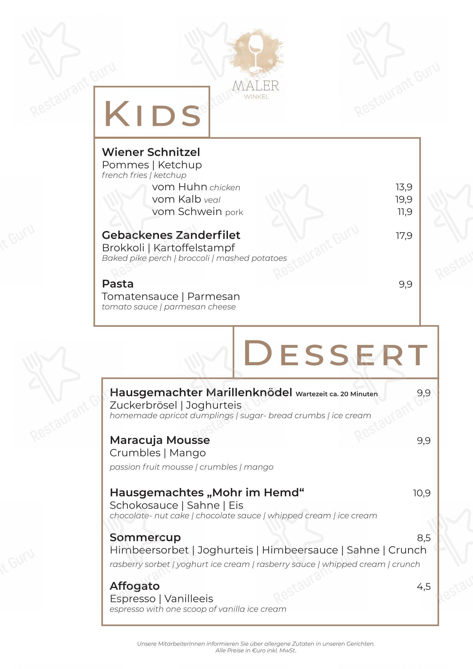 Menu pour Malerwinkel Rattenberg restaurant