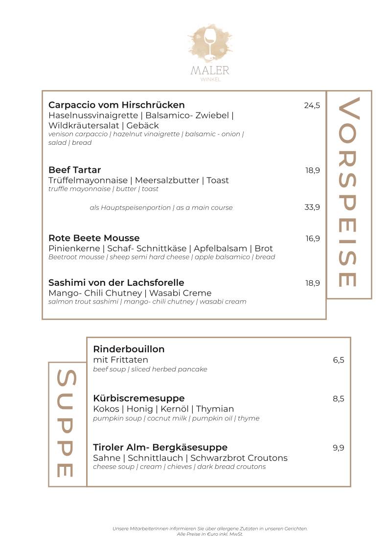 Menu de Malerwinkel Rattenberg