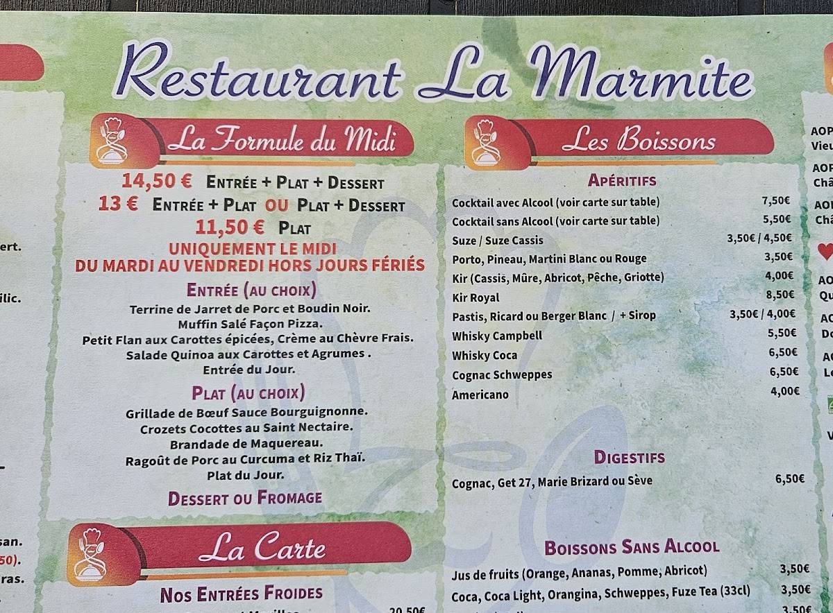 Menu de LA MARMITE