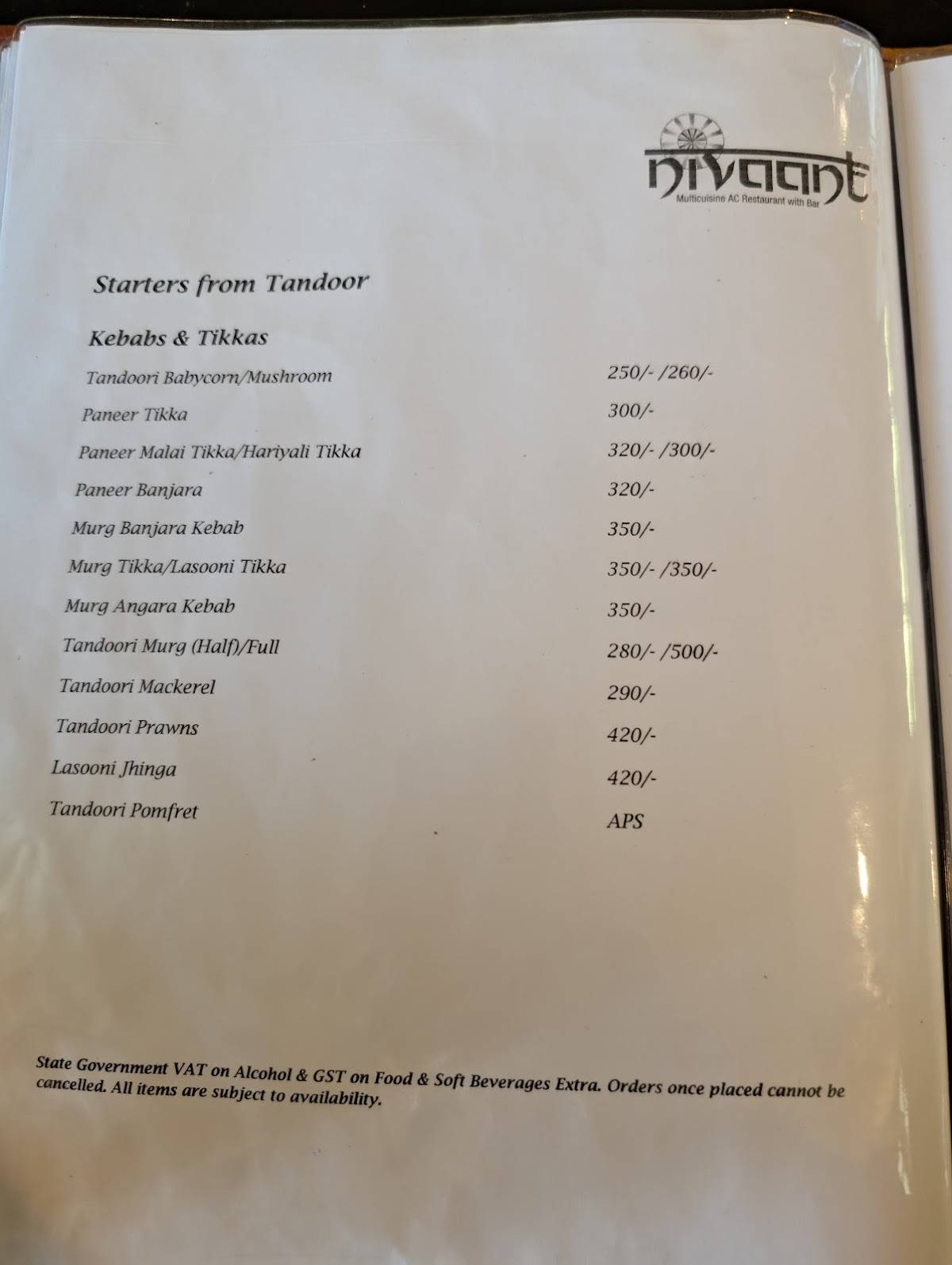 Nivaant Multicuisine AC Restaurant with Bar menu