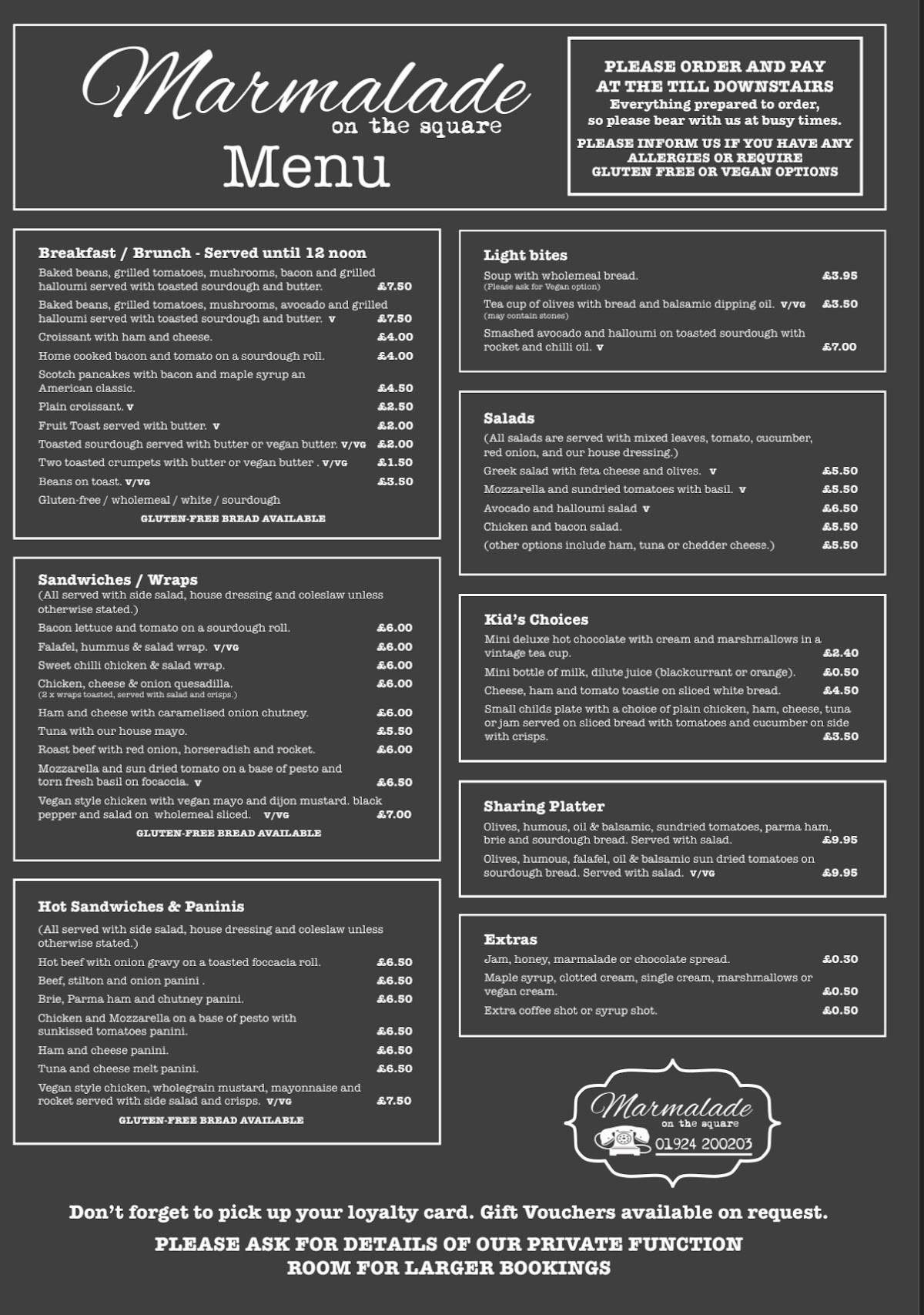 Menu at Marmalade on the Square cafe, Wakefield
