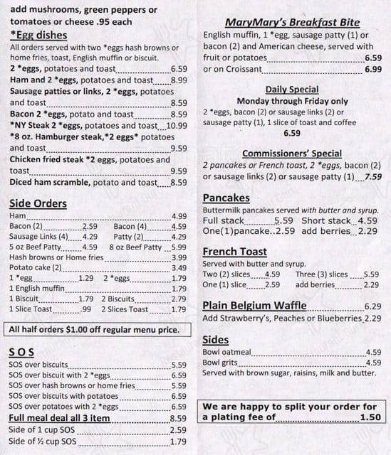 Menu at Mary Mary's Cafe, Spanaway
